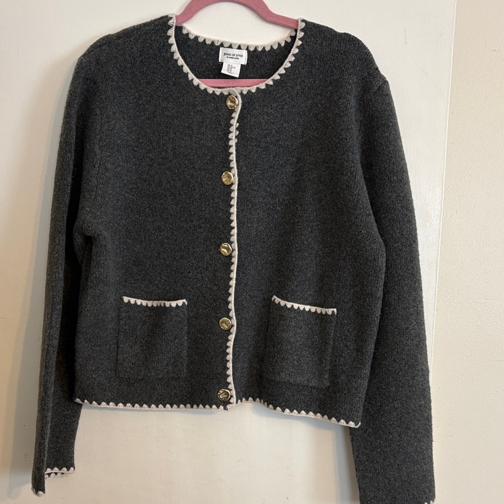 Song of Styles Dark Gray Cardigan with Cream Trim and Gold Buttons. Size XL